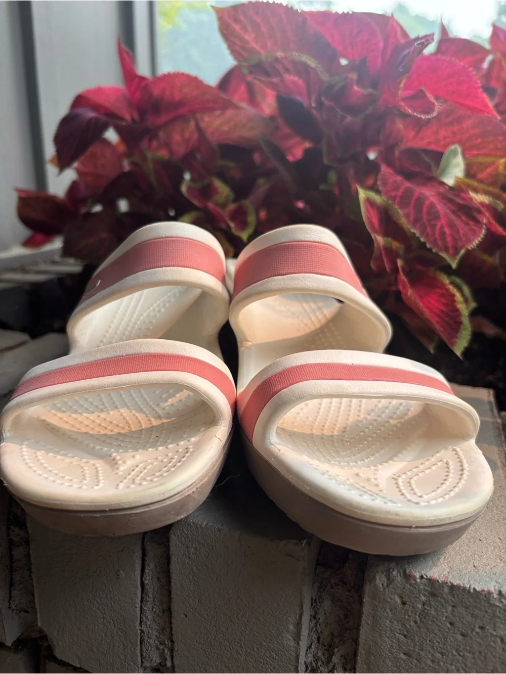CROCS Shima Wedge Sandals in Pink and White Double Strap